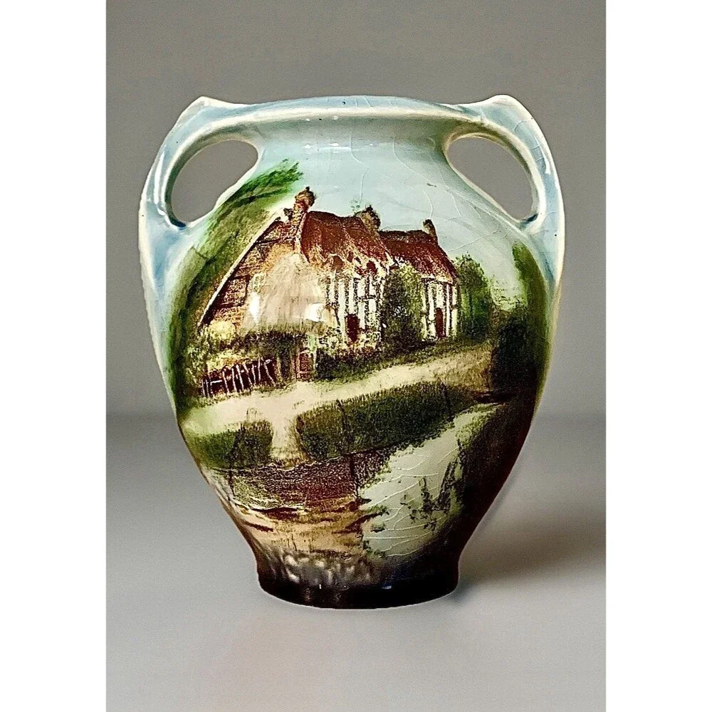 Antique Hand Painted Twin Handled Urn Vase English Cottage Landscape Ceramic 4